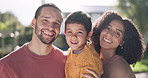 Love, portrait of a happy family and smile on the lawn of their home together with sunshine. Support or care, happiness in relationship and people smile in the backyard for quality time outside