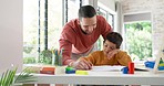 Home learning, dad or school kid in kindergarten studying for knowledge, education or growth development. Happy, father teaching or boy writing, working or counting numbers for math test in notebook