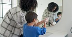 Happy woman, child and hands and washing in bathroom, cleaning to prevent germs and dirt in home with soap, water and mirror. Kid, mom and hand wash, teaching, learning and morning routine for family