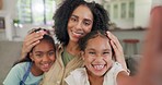 Sofa, selfie and mother with kids and peace hands, love and bonding in their home together. Portrait, smile and parent with girl children in a living room with v sign, photo or profile picture update