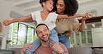 Happy, family sofa and piggyback play of a mother, dad and child together in a home with a smile. Bonding, fun and flying game with mom, father and young girl with parent love and care in a house