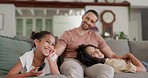 Happy family, relax and watching tv on sofa laughing, bond and playful in their home on the weekend. Television, entertainment and parents with girl child in living room with love, smile or streaming