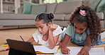 Tablet, elearning and homework with children on floor of living room for creative, education and streaming. Writing, technology and online class with kids in family home for digital, school and study