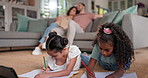 Tablet, elearning and high five with children on floor of living room for creative, education and writing. Homework, technology and online class with kids in family home for digital, school and study