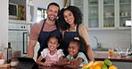 Family, cooking in the kitchen and parents with their kids in the home together to prepare a food meal. Portrait, love and children with their mother and father bonding while making lunch or supper