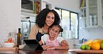 Kitchen, cooking and mom portrait with child and tablet for recipe ingredient and food learning. Mother, young girl and smile with parent support and care in a home with tech for digital baking app