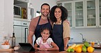 Kitchen, happy cooking and mom portrait with child and tablet for recipe ingredient and food learning. Mother, young girl and smile with dad support and care in home with tech for digital baking app