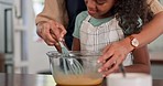 Recipe, kitchen and mother baking with her child for a dinner, party or supper at their house. Food, learning and closeup of a mom teaching her girl kid to cook a meal in their family home together.