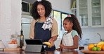 Cooking, tablet and mother with daughter in kitchen for helping, learning and recipe search. Food, health and breakfast with woman and young girl in family home for love, happiness and lunch