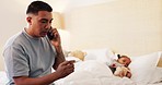 Father, thermometer and daughter in bed with fever, phone call or question for advice, health or wellness. Dad, sick girl and smartphone for contact, temperature or information for kid in family home