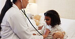 Doctor, stethoscope and check on girl breathing, lungs or pediatrician to listen to heart, chest or health assessment in  hospital. Kid, medical expert and clinic for cardiology or child healthcare 