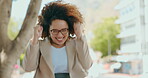 Wow, winner and a happy business woman cheering a promotion, goal or target outdoor in summer. Portrait, yes and motivation with an excited young female employee celebrating success or winning