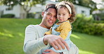 Baby, dad and portrait of girl with smile in garden, backyard or laughing together with happiness on weekend. Toddler, father and kid with smile on face for summer, vacation or pointing to family