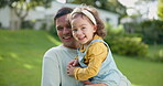 Dad, baby and portrait of girl with smile in garden, backyard or laughing together with happiness on weekend. Toddler, father and kid with smile on face for summer, vacation or playing with family