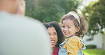 Peekaboo, funny and a mother with her daughter in the backyard watching a playful dad joking or laughing. Family, kids and parents bonding with comedy while standing in a home backyard together