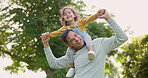 Smile, piggyback and father with girl in nature, bonding and having fun. Happy, dad and carrying child on shoulders, play and enjoying quality family time together outdoor in park with love and care.