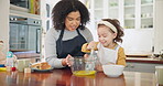 Mother, girl kid and baking in kitchen for fun, learning and childhood development at home. Happy mom teaching cooking skills to daughter with bowl, whisk and mixing of eggs, ingredients and recipe