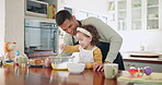 Baking, girl and father in kitchen with mixing for learning at family home for quality time. Happiness, dessert and dad with daughter are cooking for fun with ingredients or preparing for pastry.