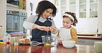 Mother, teaching and daughter with eggs for dessert at family home with bonding for fun. Cooking, mom and girl with ingredients for baking with food or quality time at house with development.