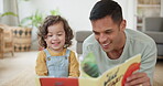 Girl, father and reading book for learning in home, bonding or having fun in homeschool. Dad, storytelling and happy child study for education, teaching or knowledge for development together on floor