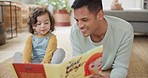 Dad, girl and reading book for learning in home, bonding or having fun in homeschool. Father, storytelling and happy child study for education, teaching or knowledge for development together on floor