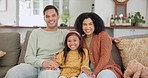 Face, family and parents on a couch, girl and happiness with support, relax and carefree in a lounge. Portrait, mother and father on a sofa, daughter and support with peace, quality time and smile