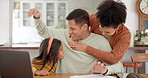 Remote work, laptop and family hugging in the living room of their home together for love or bonding. Mother, father and daughter embracing in the house with an entrepreneur dad working on a computer