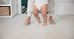 Legs, baby learning to walk with growth and development, parents and early childhood with motor skills. Family, support and first steps with trust, progress and balance with milestone and feet