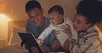 Tablet, smile and family with baby in bedroom, bonding and having fun at night. Technology, happy and newborn, mother and father on bed learning, care and playing on social media, web app and home