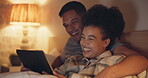 Tablet, funny and couple in bedroom at night, streaming comedy movie or video. Technology, happy man and woman laughing at meme, watch film or social media on internet, website or app on bed in home.