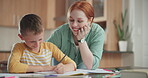 Family, education and a mother helping her son with his homework or to study while learning in the kitchen. Tutor, school and a young boy student distance learning or home schooling with a parent