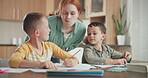 Family, school and a mother helping her kids with homework or to study while learning in the kitchen. Tutor, education and young brother students distance learning or home schooling with a parent