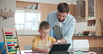 Family, education and a father helping his son with homework or to study while learning in the kitchen. Tutor, school and a young boy student distance learning or home schooling with a male parent