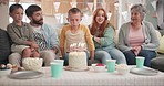 Blowing, birthday boy or happy family with cake at a party celebration at home with candles or love. Grandmother, grandfather or excited child eating dessert or sweets with dad, mom or grandparents 