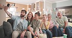 Selfie, happy birthday or big family on a sofa in living room of modern home together in party celebration. Grandparents, smile or excited children taking pictures with fun grandparents, mom or dad