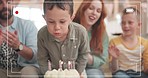 Birthday party, family and children on camera ux for celebration, applause and happy parents support and cheers. Candles, cake and excited kids, mom and dad with video recording ui design or screen