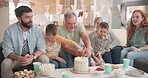 Cut, birthday boy or happy family with cake at a party celebration at home with support or love. Grandmother, grandfather or excited child eating baked desert snacks with dad, mom or grandparents 