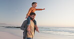 Plane, relax and father with son at beach for travel, happy and bonding. Family, peace and freedom with man carrying child and walking on coastline for summer vacation, holiday and support together