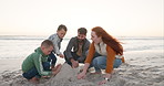 Family, building and castle of sand on the beach, dirt and excited children, mom and dad playing together on holiday. Ocean, sandcastle and memory of childhood, vacation in summer with happy kids