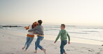 Parents, playing and beach with children for fun on weekend with happiness with freedom or bond. Family, children and running with ocean for quality time with energy for outdoor activity for travel.