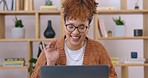 Remote work, wave and a woman on a video call with a laptop for networking or communication. Happy, greeting and a female entrepreneur with a hello on a virtual conference with a pc in a house