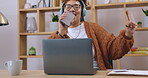 Singing, laptop and woman with work from home music, dance and celebration for remote internship or career. Happy young person in creative job on computer, phone and headphones listening to audio