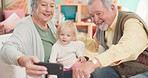 Selfie, happy and senior couple with their grandchild bonding, playing and spending time at home. Happiness, smile and elderly man and woman in retirement taking picture with girl kid in their house.