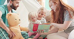 Reading, story and family with children on floor for support and knowledge at house for entertainment. Books, girl and kid are learning with parents for studying with love for development or fantasy.