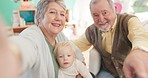 Selfie, love and elderly couple with their grandchild bonding, playing and spending time at home. Happy, smile and portrait of senior man and woman in retirement taking picture with girl kid in house