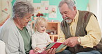 Grandparents, kid and reading with teaching for education with support or love in childhood. Learning, grandmother and senior male with books for girl or knowledge at family home or conversation.