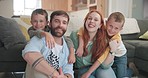 Parents, children and living room floor with face, smile and twins with love, hug and bonding in family home. Mother, father and kids in lounge, relax and happy for childhood development in house