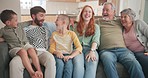 Big family, kids and grandparents with sofa, laughing and sofa with twins, love or smile for bonding in home. Mother, father and senior people in lounge, boy children or happy for funny joke in house