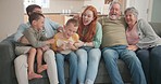 Big family, children and grandparents with sofa, laugh and sofa with twins, love or smile for tickling in home. Mother, father and senior people in lounge, boy kids or happy for funny joke in house