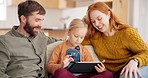 Parents, child and tablet in family home for online games, reading ebook story and educational subscription. Mom, girl and refuse connection for dad on digital technology, streaming cartoon and media